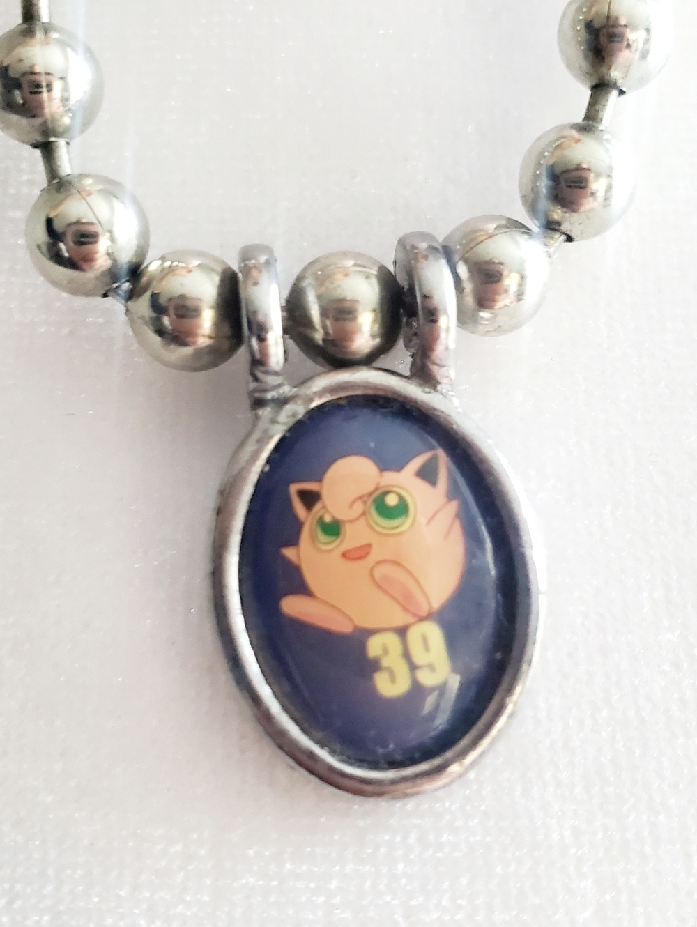 Vintage Jigglypuff 39 Pokemon Oval Charm Necklace SilverTone Large Beaded Chain